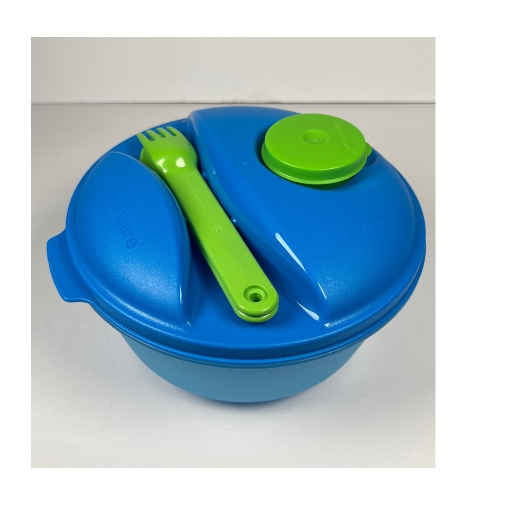 Tupperware Salad On the Go Complete Set Blue Green Fork and knife Lunch Kit